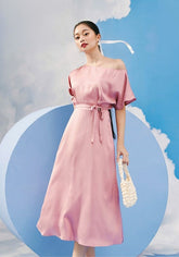 Off-Shoulder Silk Midi Dress with Waist Tie and Flutter Sleeves